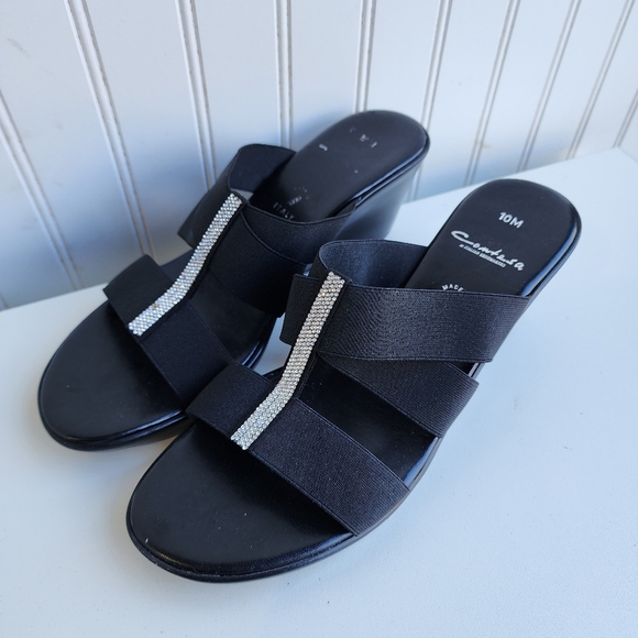 Comtesa Italian Shoemakers Wedges Sandals Black Leather Rhinestones Sz 10 M - Picture 1 of 9